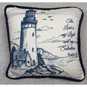 Lighthouse‎ Scripture Pillow Psalm 27:1 Nautical Navy Blue Cream 11.5" Square